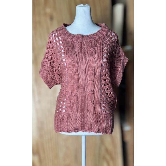 Crochet Love Change Sz Medium Cable Knit Pink Short Sleeve Cottagecore Sweater - Picture 1 of 6